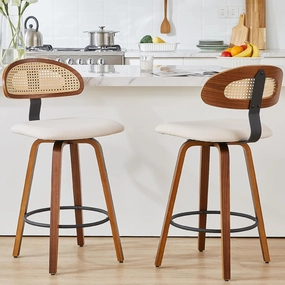 Swivel Counter Height Bar Stools Set of 2, 26" Upholstered Seat Barstools with Rattan Back, Bentwood Frame Mid Century Modern Bar Chairs for Kitchen Island, Dining Room or Bar (White)