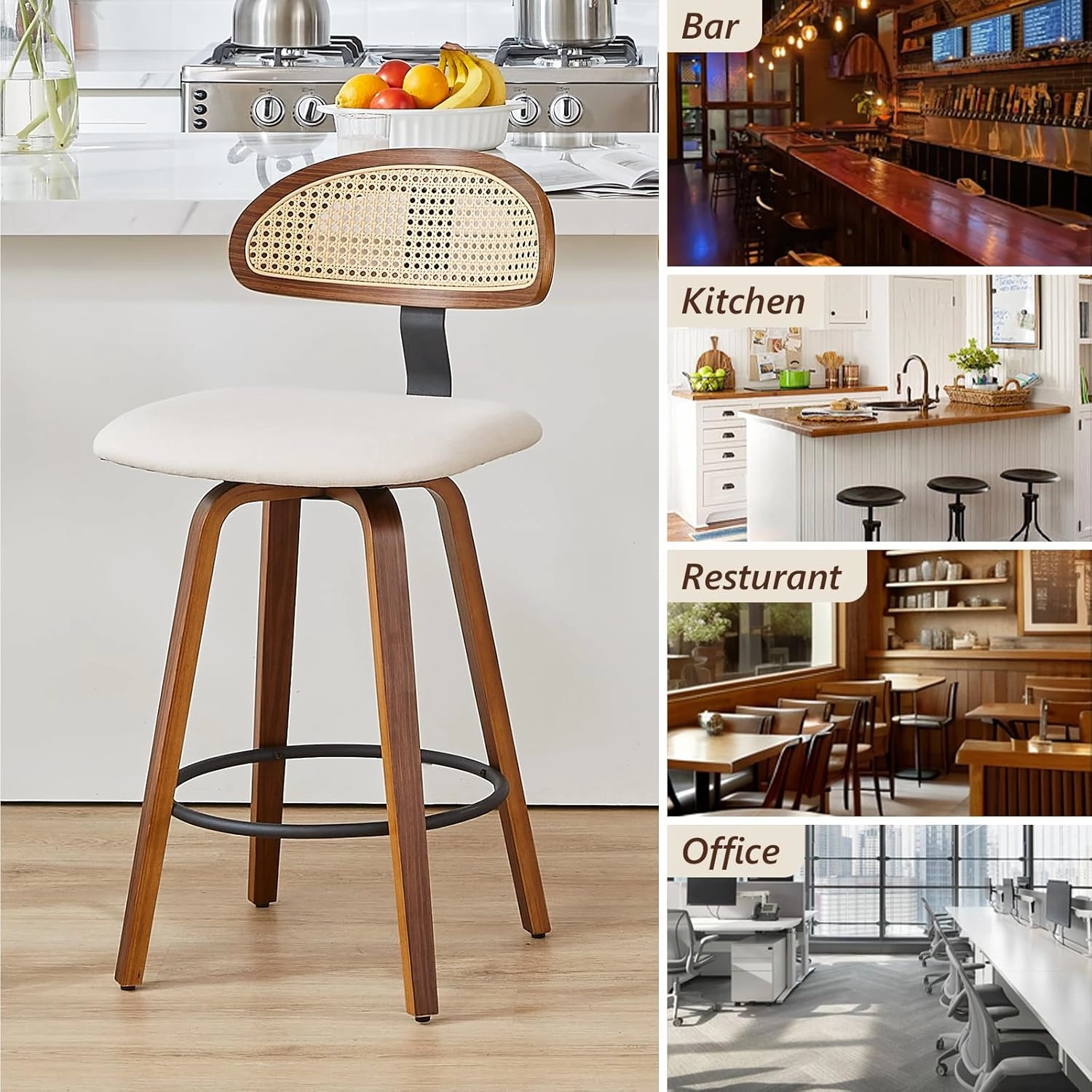 Swivel Counter Height Bar Stools Set of 2, 26" Upholstered Seat Barstools with Rattan Back, Bentwood Frame Mid Century Modern Bar Chairs for Kitchen Island, Dining Room or Bar (White)