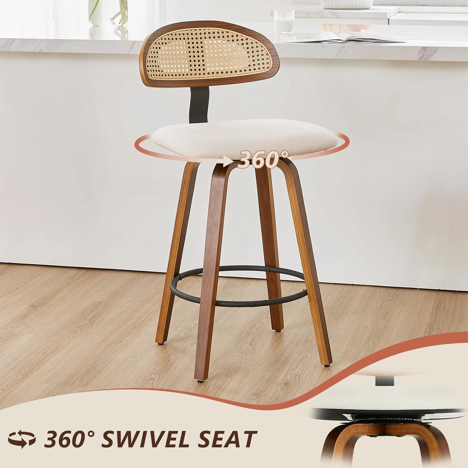 Swivel Counter Height Bar Stools Set of 2, 26" Upholstered Seat Barstools with Rattan Back, Bentwood Frame Mid Century Modern Bar Chairs for Kitchen Island, Dining Room or Bar (White)