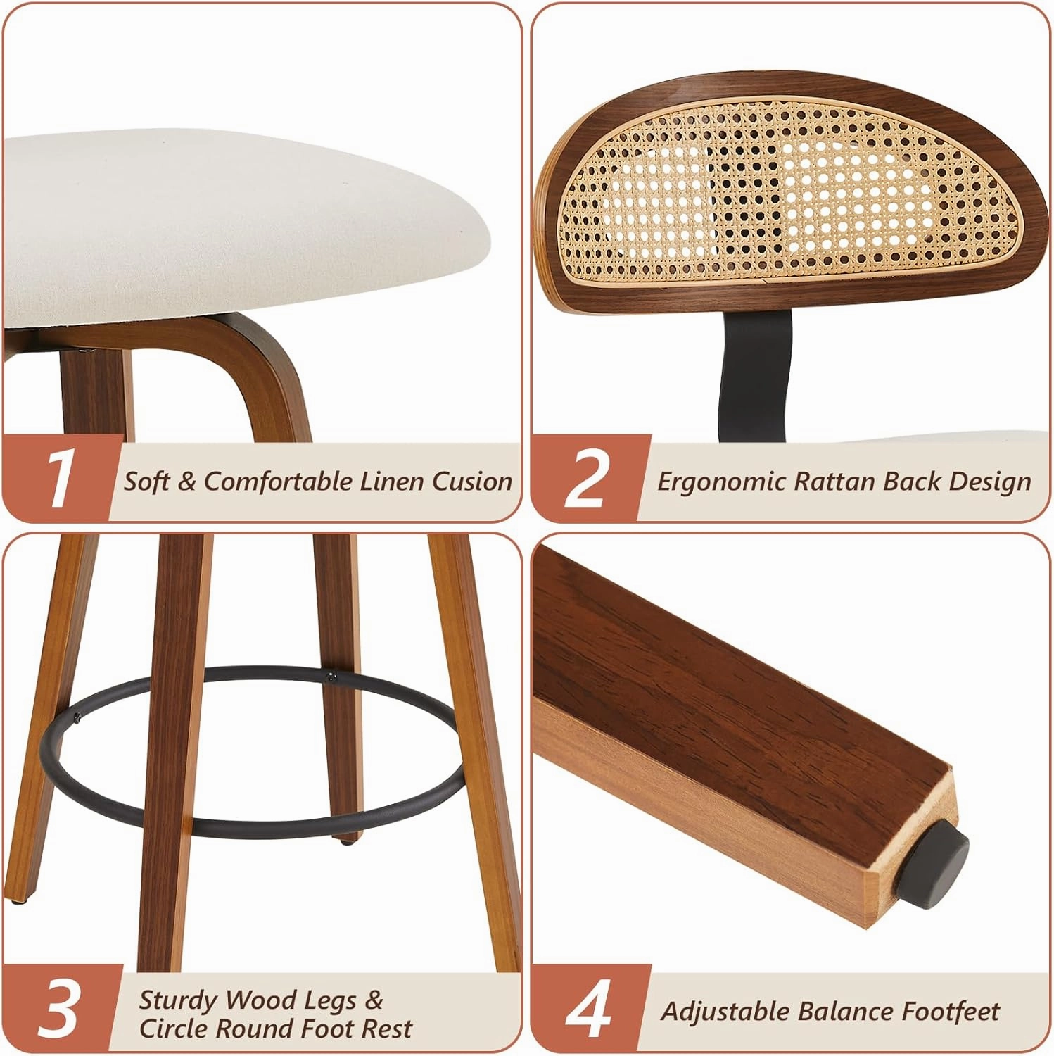 Swivel Counter Height Bar Stools Set of 2, 26" Upholstered Seat Barstools with Rattan Back, Bentwood Frame Mid Century Modern Bar Chairs for Kitchen Island, Dining Room or Bar (White)