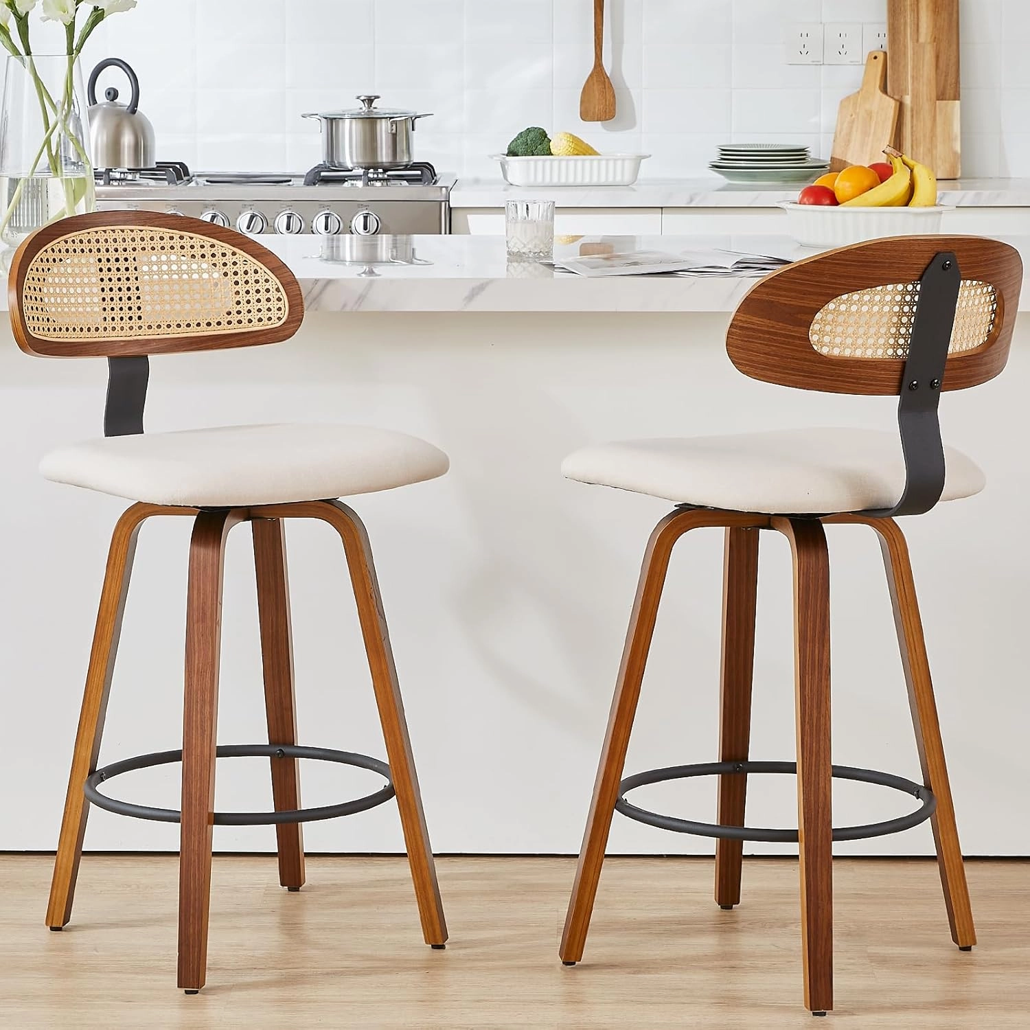 Swivel Counter Height Bar Stools Set of 2, 26" Upholstered Seat Barstools with Rattan Back, Bentwood Frame Mid Century Modern Bar Chairs for Kitchen Island, Dining Room or Bar (White)