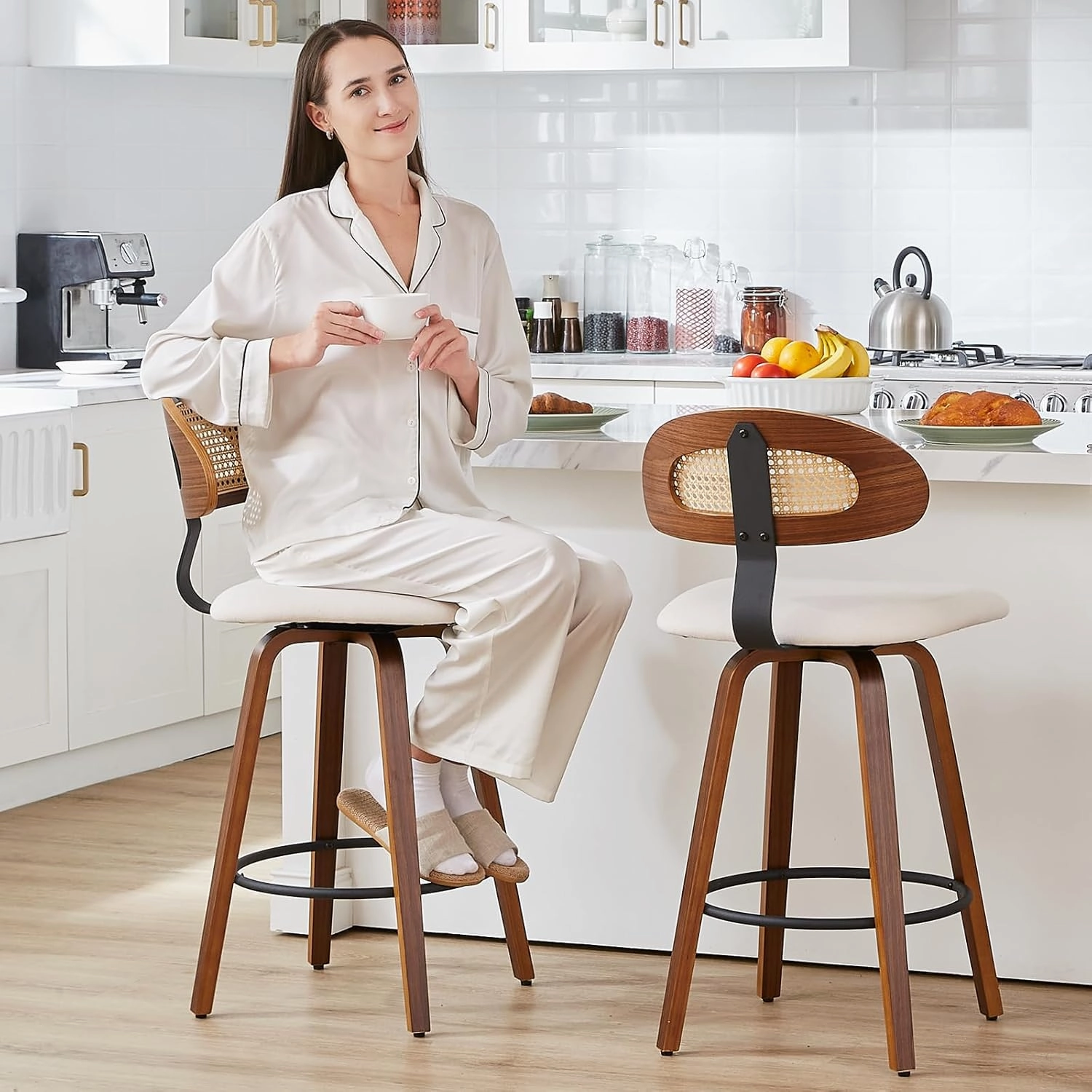 Swivel Counter Height Bar Stools Set of 2, 26" Upholstered Seat Barstools with Rattan Back, Bentwood Frame Mid Century Modern Bar Chairs for Kitchen Island, Dining Room or Bar (White)