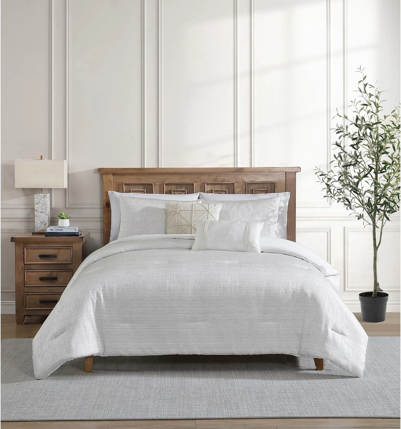 Tahari Home - King Size Comforter, 5-Piece Jacquard Bedding Set with Matching Shams & Decorative Pillows (Olivia Collection, Ivory)