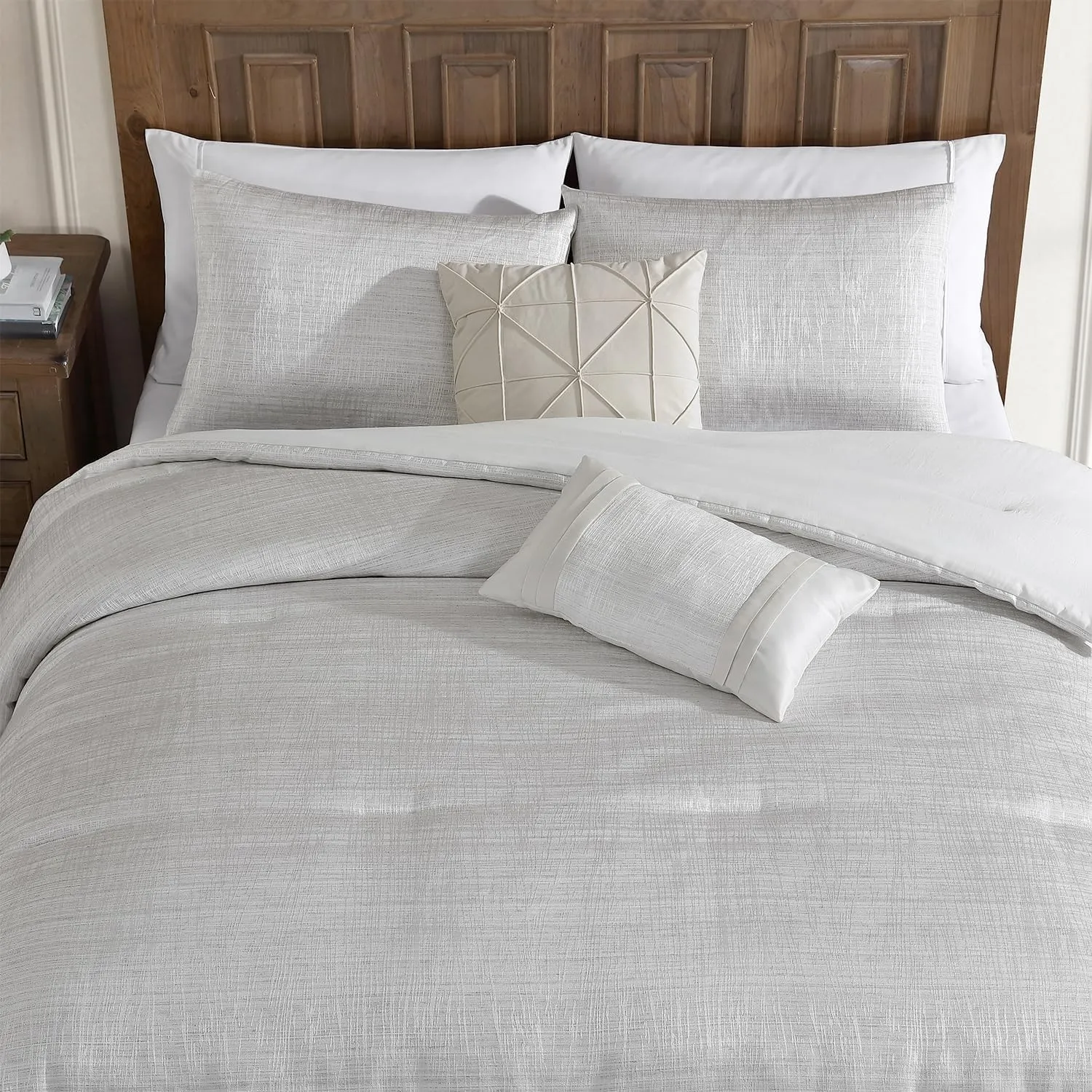 Tahari Home - King Size Comforter, 5-Piece Jacquard Bedding Set with Matching Shams & Decorative Pillows (Olivia Collection, Ivory)