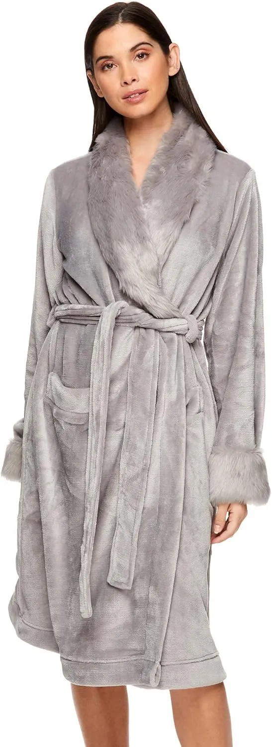 TAHARI Womens Plush Velour Bathrobe with Faux Fur Trim - Plush Robes for Women