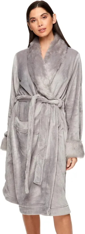 TAHARI Womens Plush Velour Bathrobe with Faux Fur Trim - Plush Robes for Women