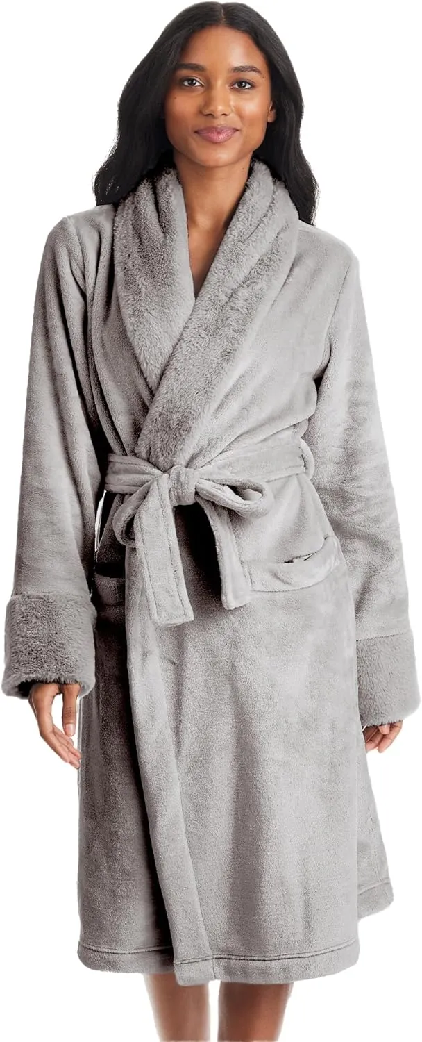 TAHARI Womens Plush Velour Bathrobe with Faux Fur Trim - Plush Robes for Women
