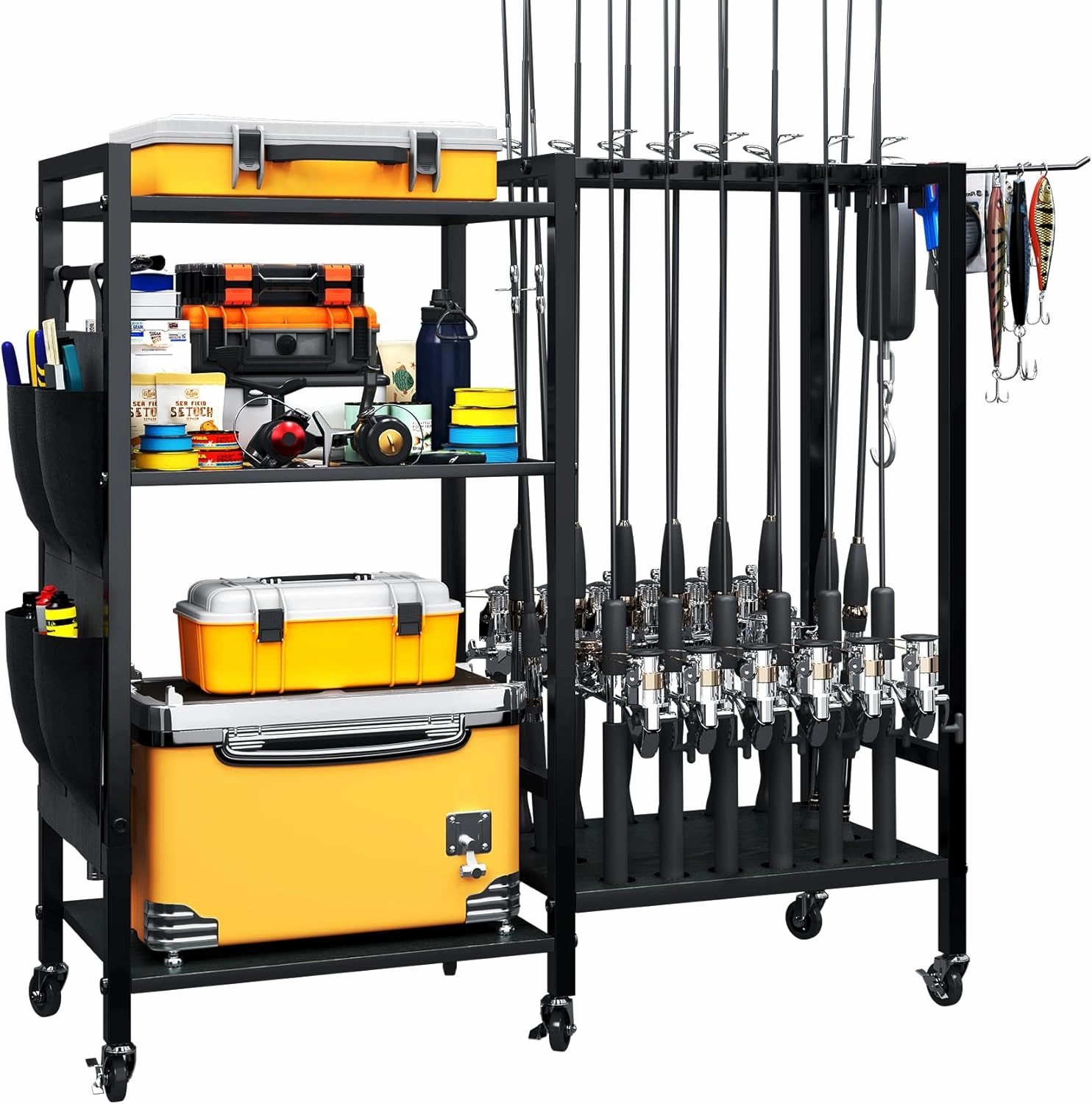 TC-HOMENY 16-Rod Fishing Rod Holder for Garage, Fishing Pole Rack Cart Fit All Fishing Rods, 3 Tier Fishing Tackle Storage Organizer Rack with Storage Bag, For Living Room