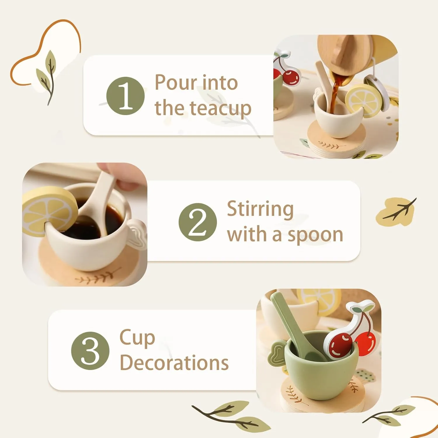 Tea Party Set for Kids - Wooden Tea Set for Little Girls 14PCS Silicone Toddler Tea Set Kitchen Accessories Pretend Play Toy Tea Set for Toddlers - Birthday Gift