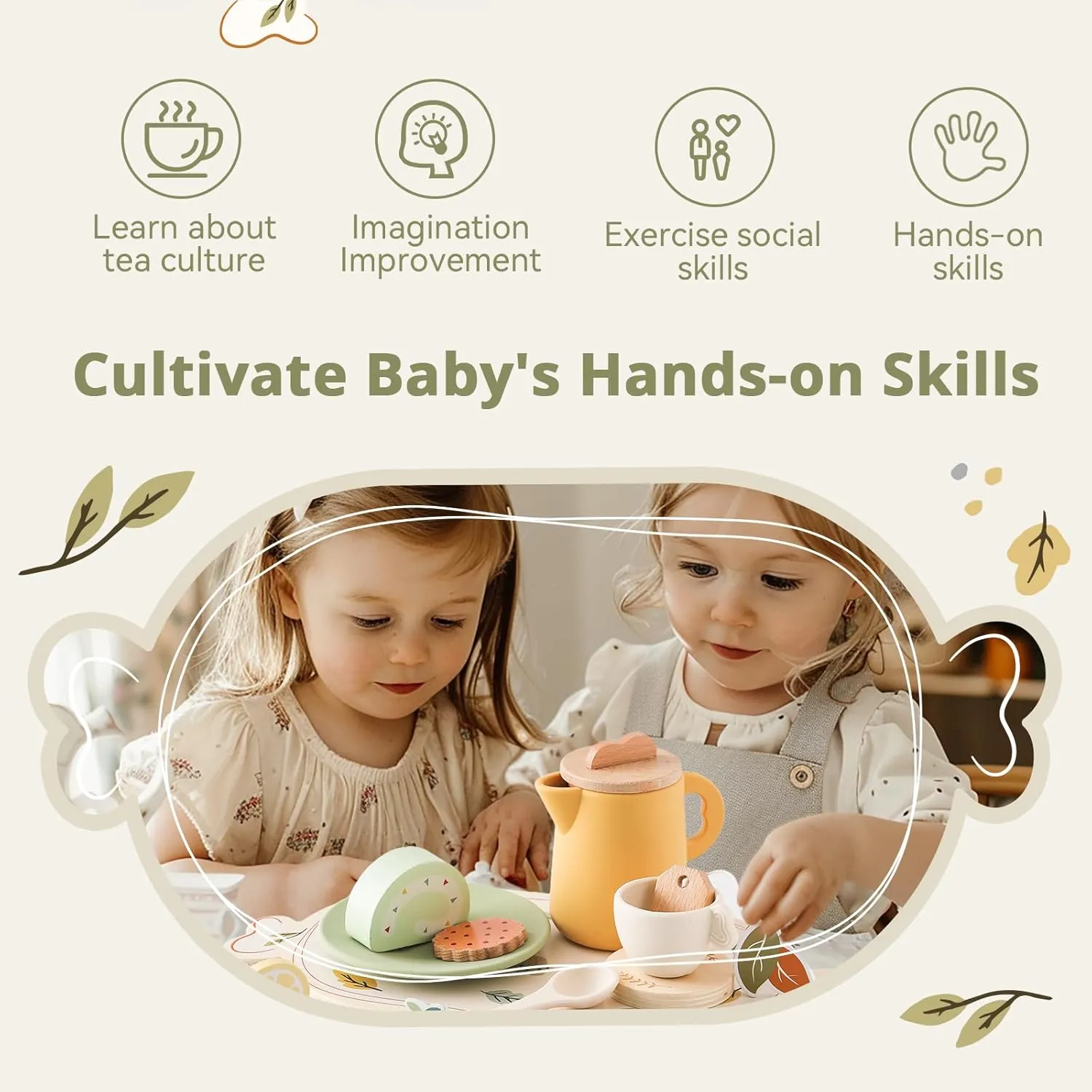 Tea Party Set for Kids - Wooden Tea Set for Little Girls 14PCS Silicone Toddler Tea Set Kitchen Accessories Pretend Play Toy Tea Set for Toddlers - Birthday Gift