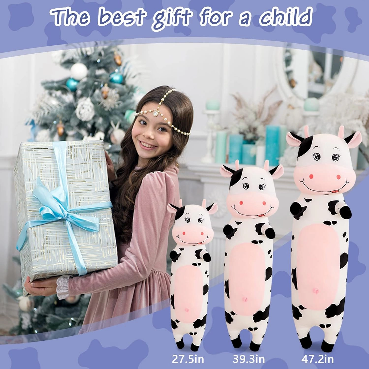 TEFU Lovely Creative Milk Cow Plush Pillow Toys Soft Stuffed Cartoon Animal Cattle Doll Bedroom Sleeping Pillow Cushion,Gifts for Friends Kids (120cm/47.2in)