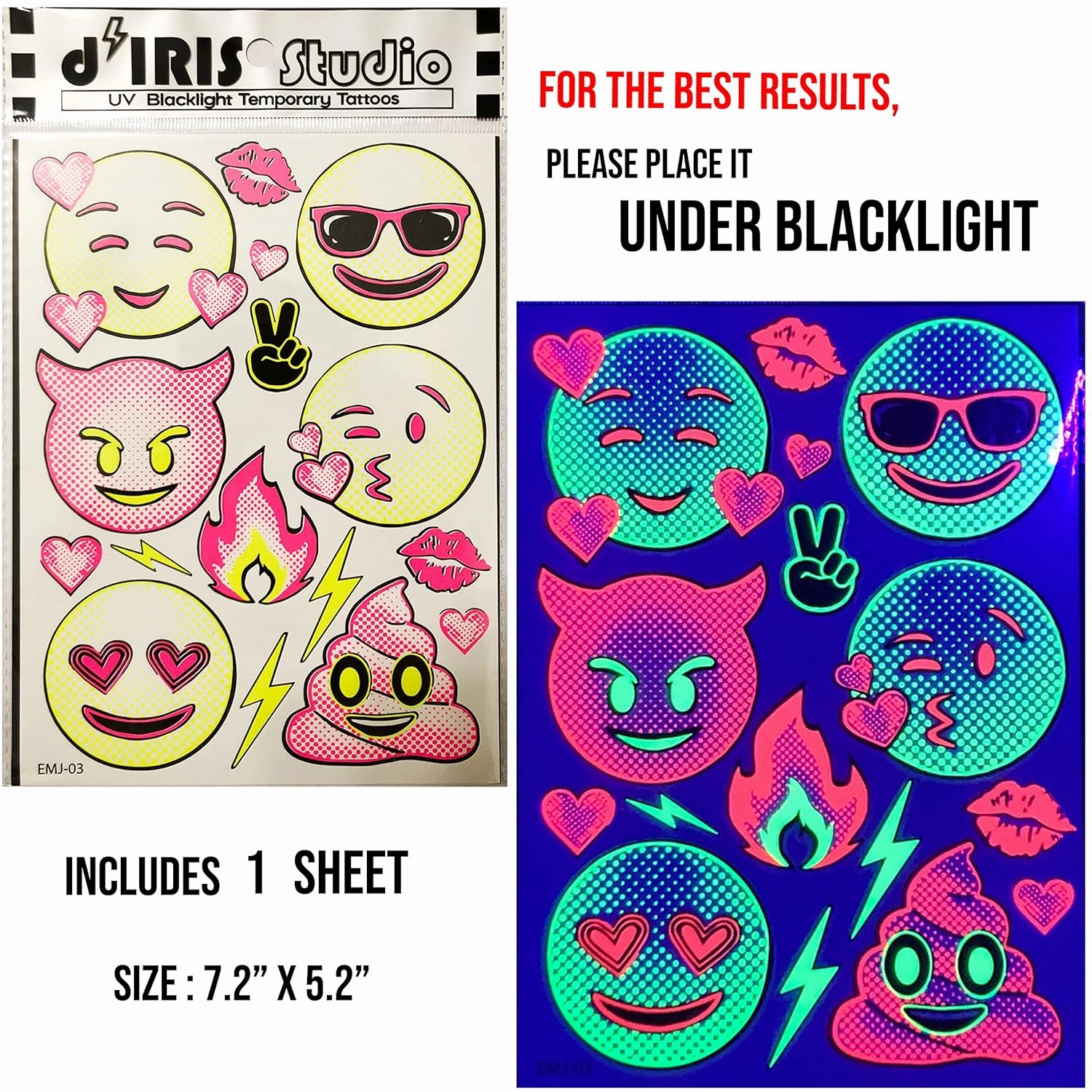Temporary Tattoo Pack-5 Sheets-Neon Glow Snake, Cobra, Koi Fish, Rose, Hummingbirds, Emoji