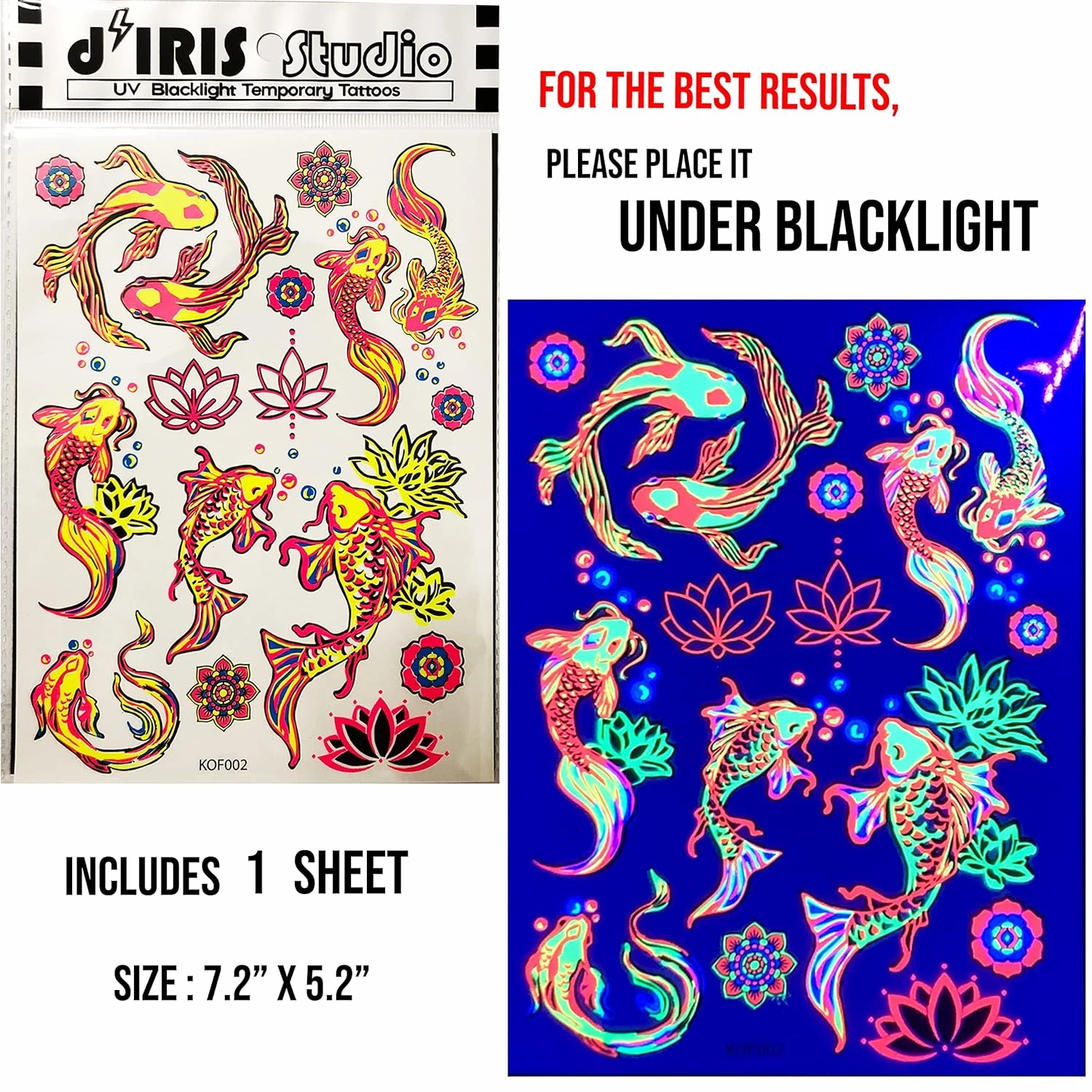 Temporary Tattoo Pack-5 Sheets-Neon Glow Snake, Cobra, Koi Fish, Rose, Hummingbirds, Emoji
