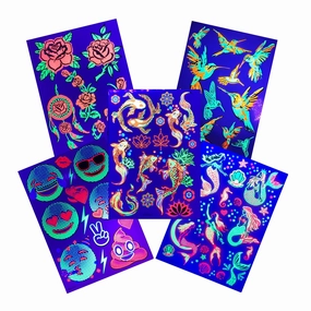 Temporary Tattoo Pack-5 Sheets-Neon Glow Snake, Cobra, Koi Fish, Rose, Hummingbirds, Emoji