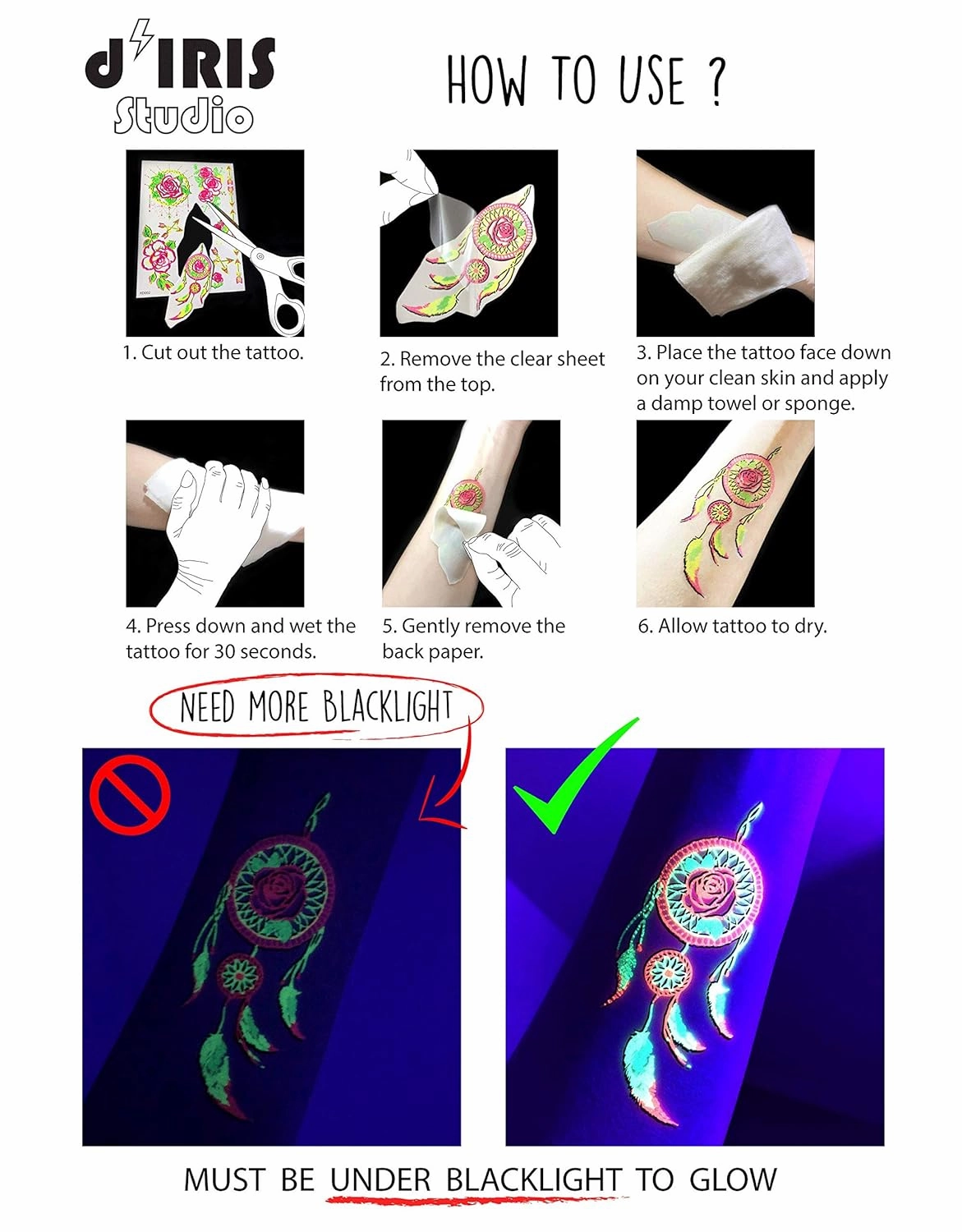 Temporary Tattoo Pack-5 Sheets-Neon Glow Snake, Cobra, Koi Fish, Rose, Hummingbirds, Emoji