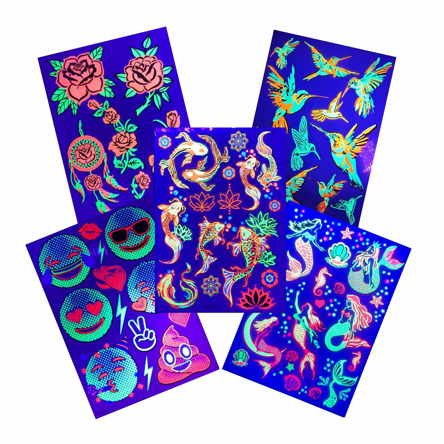 Temporary Tattoo Pack-5 Sheets-Neon Glow Snake, Cobra, Koi Fish, Rose, Hummingbirds, Emoji