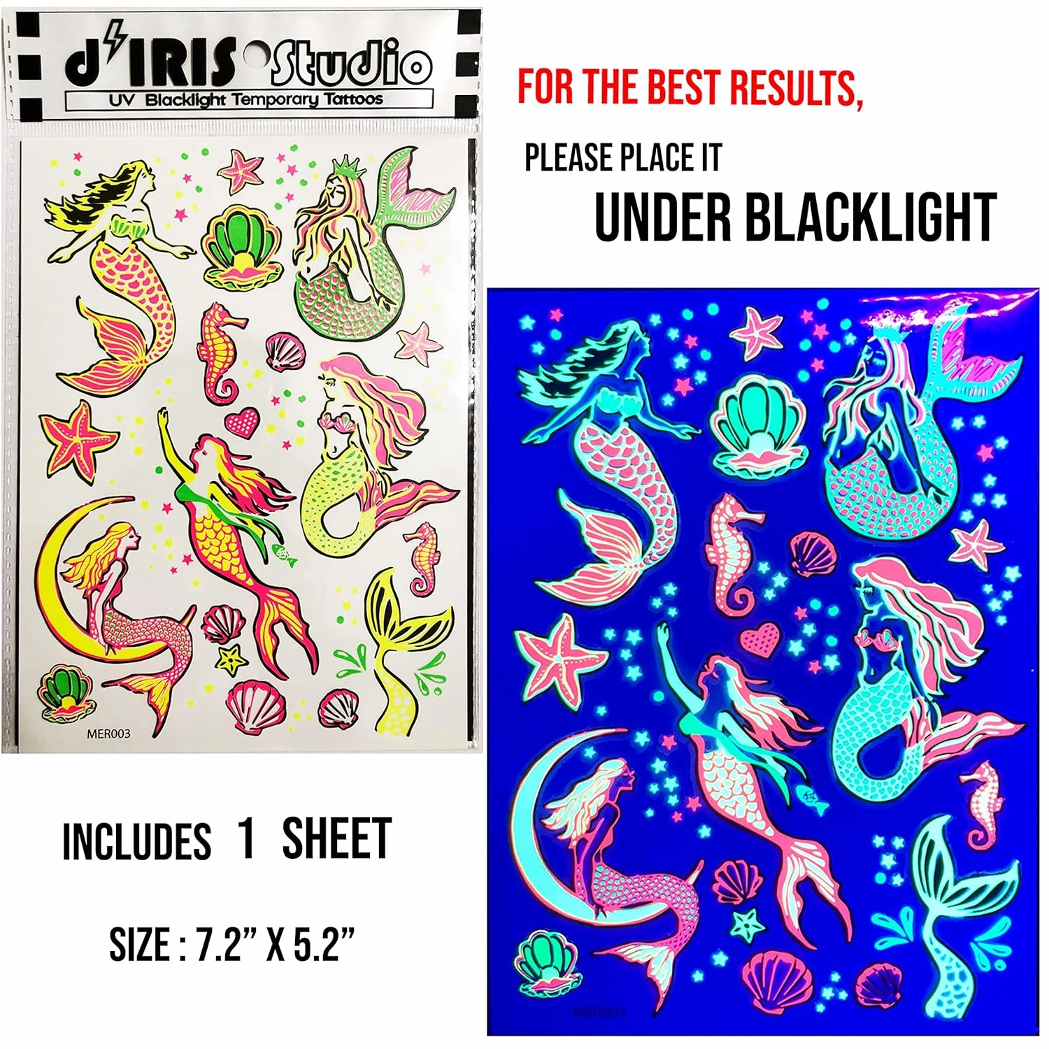 Temporary Tattoo Pack-5 Sheets-Neon Glow Snake, Cobra, Koi Fish, Rose, Hummingbirds, Emoji
