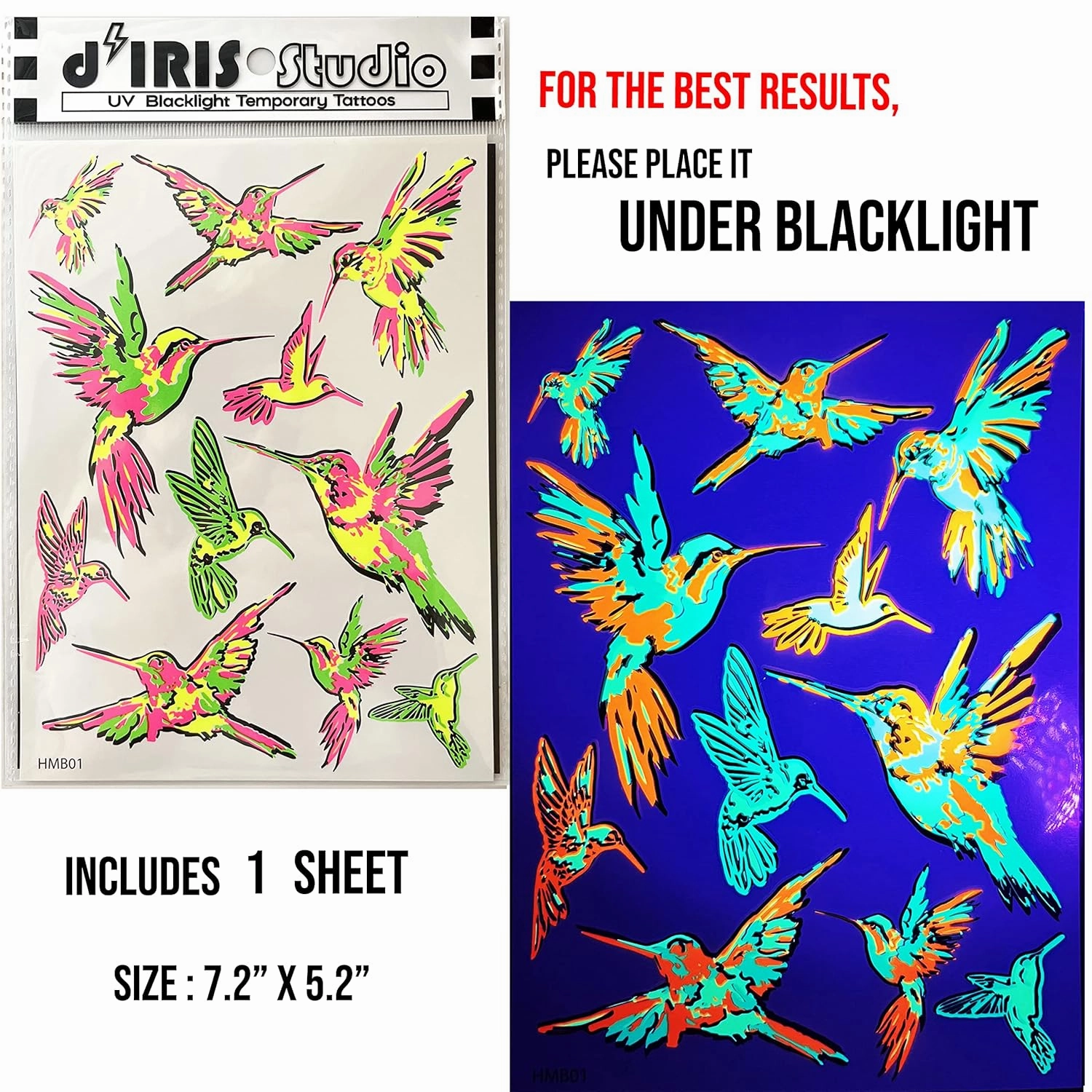 Temporary Tattoo Pack-5 Sheets-Neon Glow Snake, Cobra, Koi Fish, Rose, Hummingbirds, Emoji
