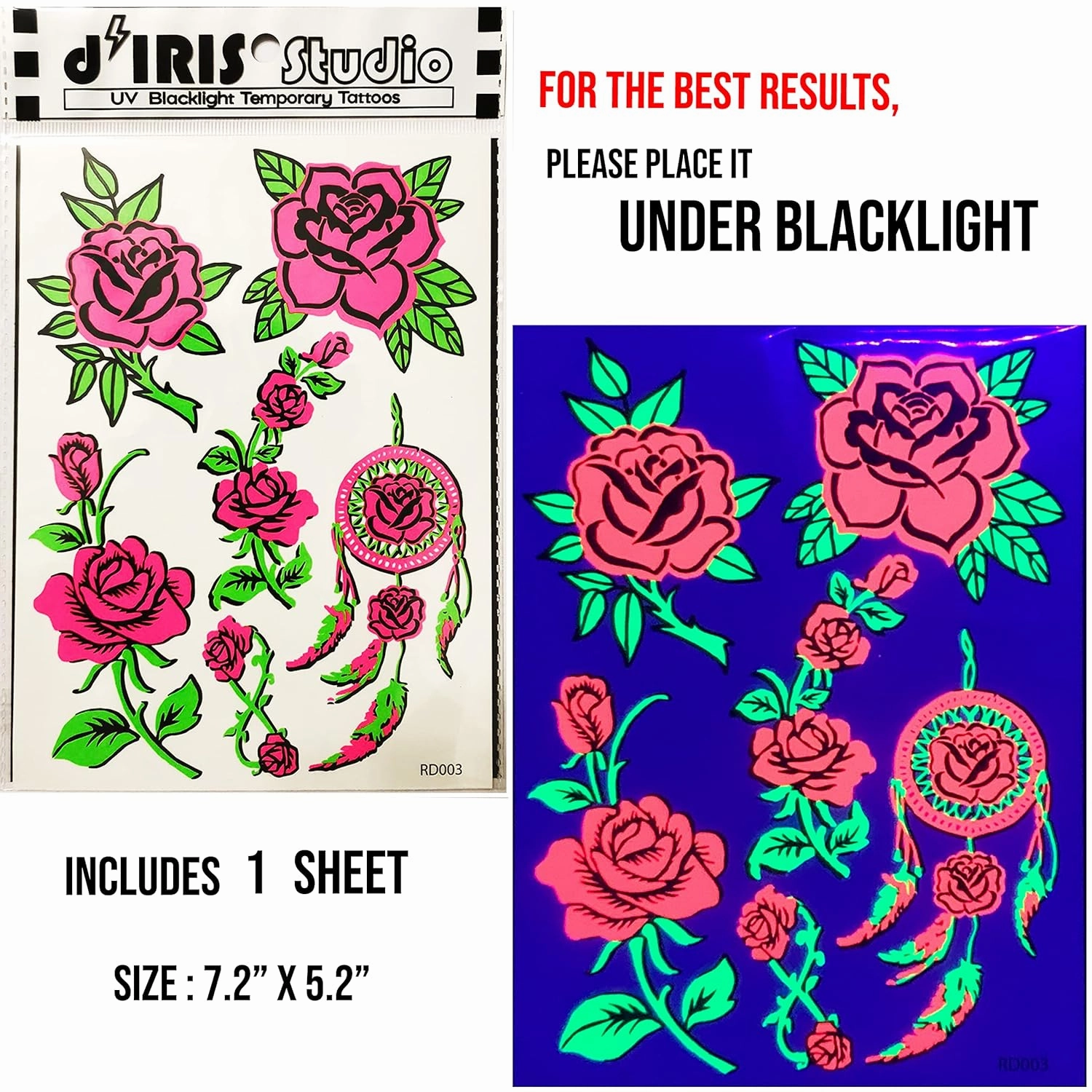 Temporary Tattoo Pack-5 Sheets-Neon Glow Snake, Cobra, Koi Fish, Rose, Hummingbirds, Emoji