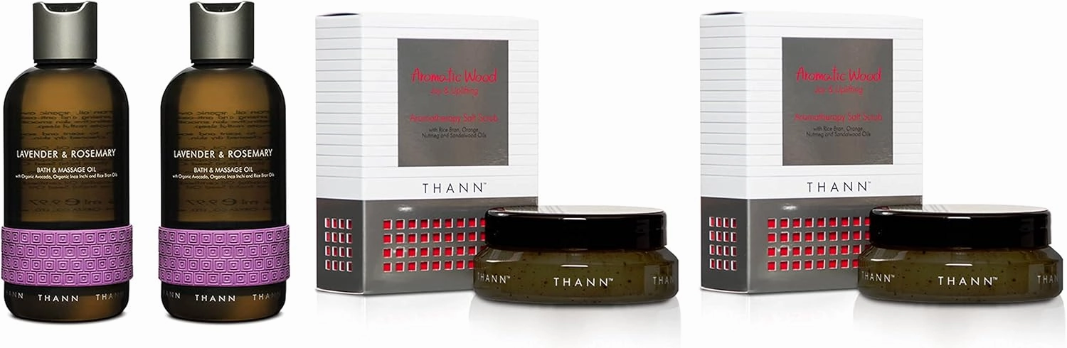 THANN Lavender Rosemary Massage Oil and Aromatic Wood Aromatherapy Salt Scrub Set.
