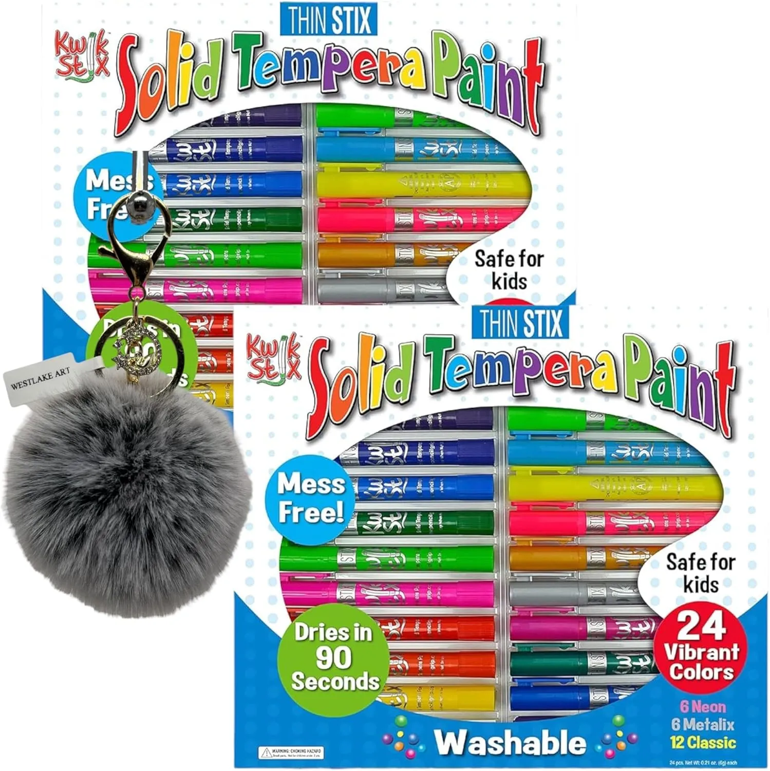 The Pencil Grip Kwik Stix Solid Tempera Paint Sticks, Set of 24 | Bundled With Pompom Balls Fluffy Keychain-Quick Dry No Mess Art Supplies, Washable Paint Sticks For Kids (Pack Of 2)