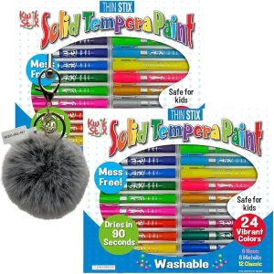 The Pencil Grip Kwik Stix Solid Tempera Paint Sticks, Set of 24 | Bundled With Pompom Balls Fluffy Keychain-Quick Dry No Mess Art Supplies, Washable Paint Sticks For Kids (Pack Of 2)