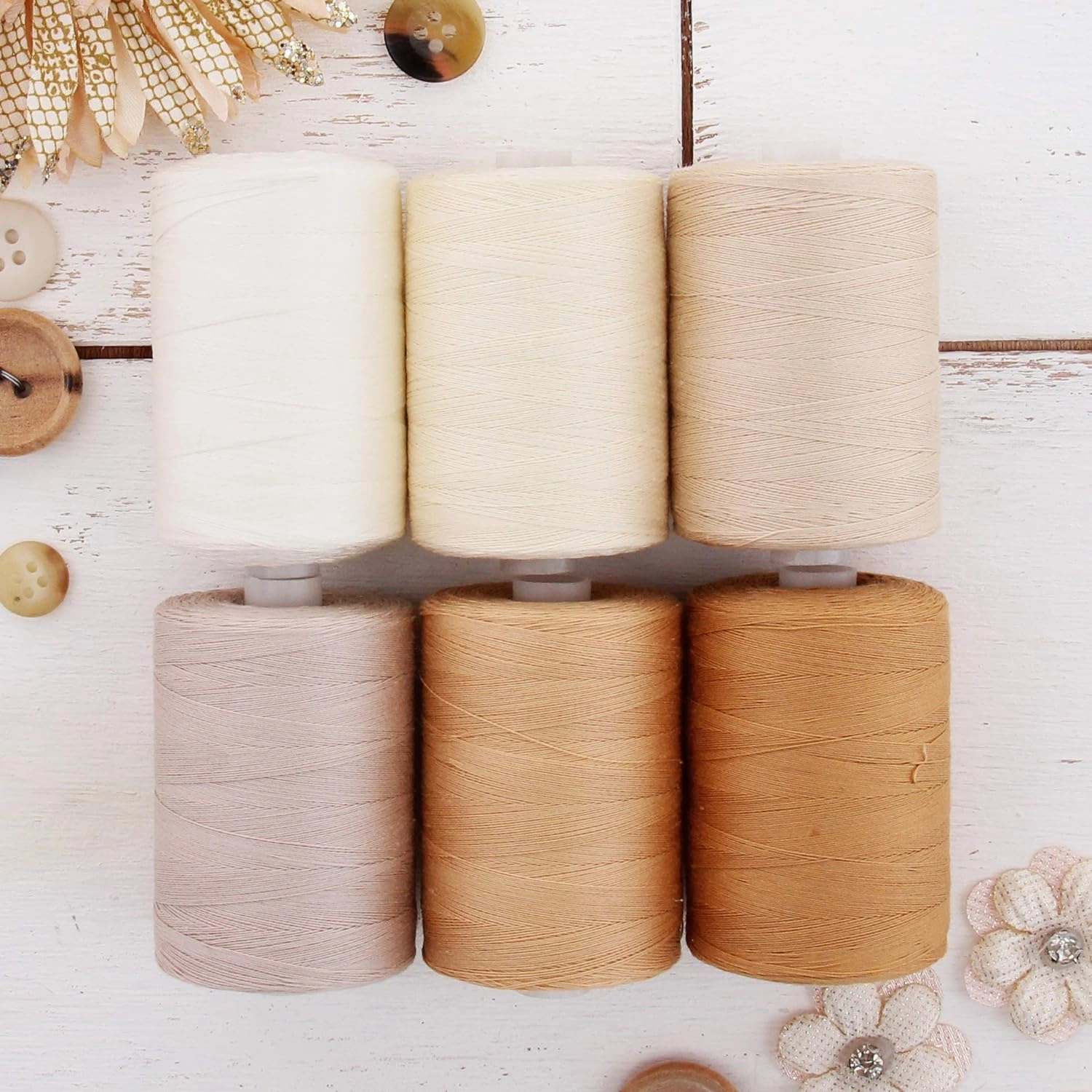 Threadart 100% Cotton Thread Set | 6 Tan Tones | 1000M (1100 Yards) Spools | for Quilting & Sewing 50/3 Weight | Long Staple & Low Lint | Over 20 Other Sets Available