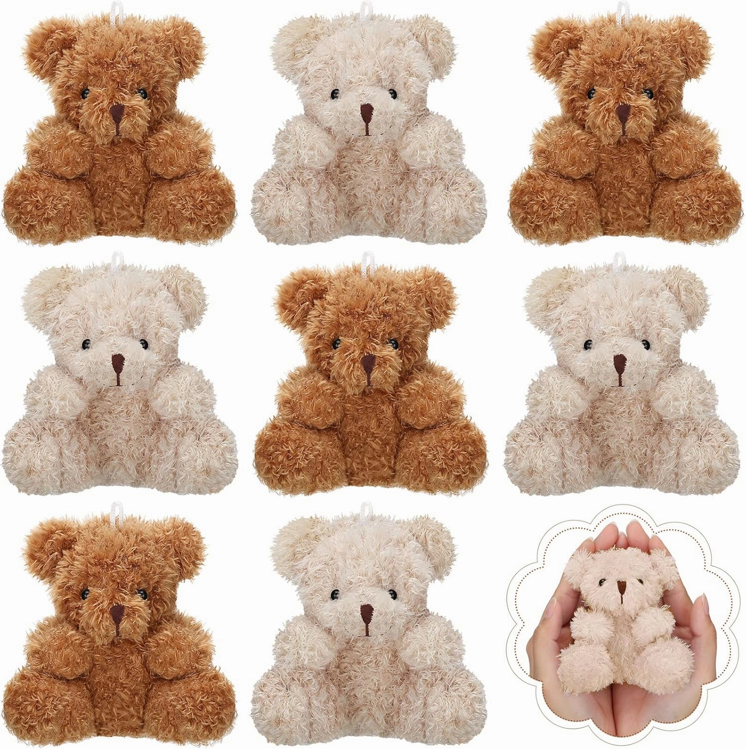 Threan 8 Pcs Mini Plush Bears 4'' Small Bear Bulk Stuffed Animal Toys Tiny Soft Bear Doll Present Stuffers for Keychain Baby Shower Party Favors Supplies(Brown, Apricot)