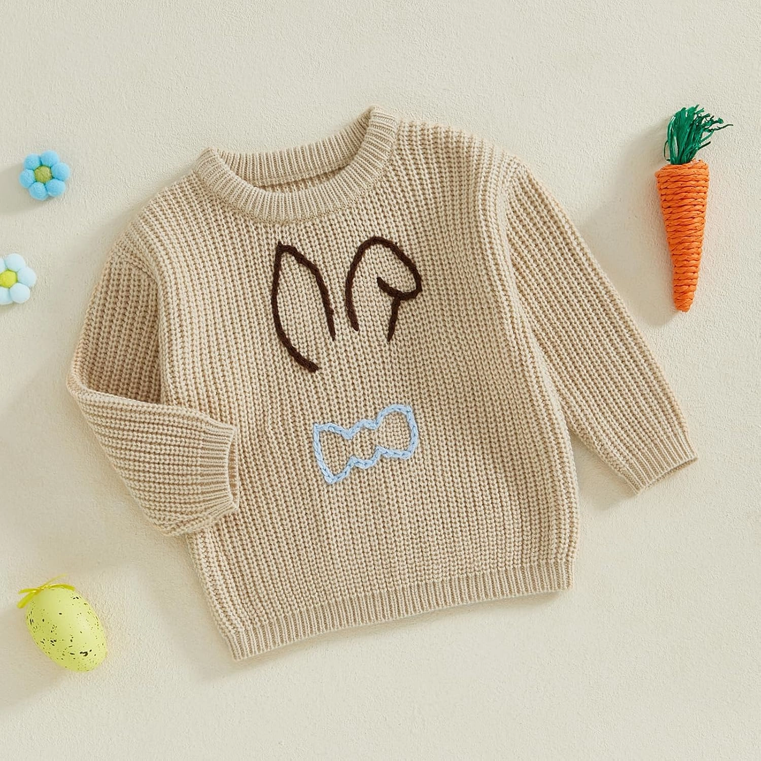 Toddler Baby Boys Girls Easter Sweater Long Sleeve Round Neck Bunny Embroidery Pullover Knitwear Jumper Top