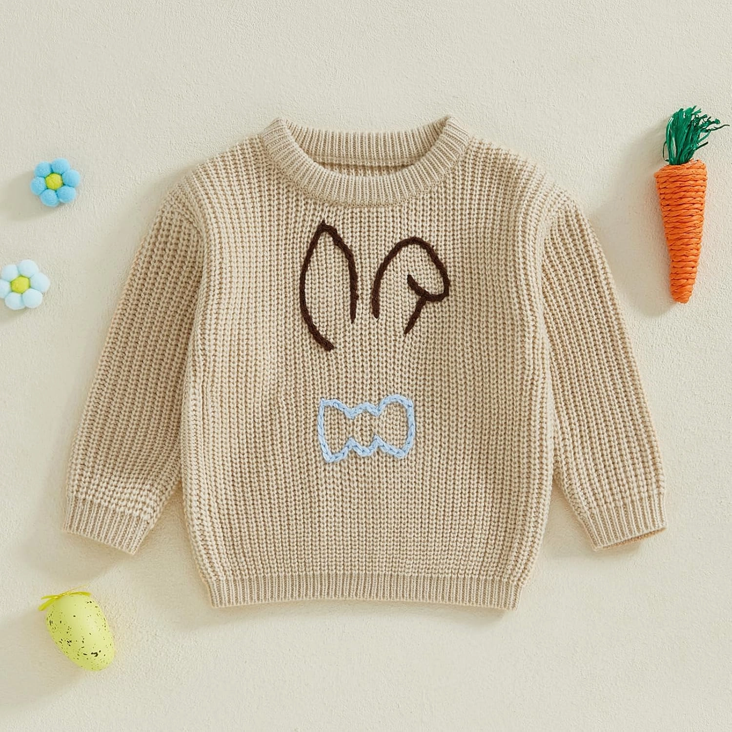 Toddler Baby Boys Girls Easter Sweater Long Sleeve Round Neck Bunny Embroidery Pullover Knitwear Jumper Top