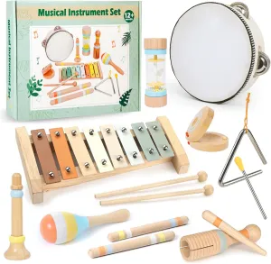 Toddlers Musical Instruments - 9pcs Baby Montessori Wooden Musical Toys for Toddlers 1-3 Year Old, Kids Percussion Instruments Xylophone Toy Educational, Easter Birthday Gift for 1-3-5  Year Old
