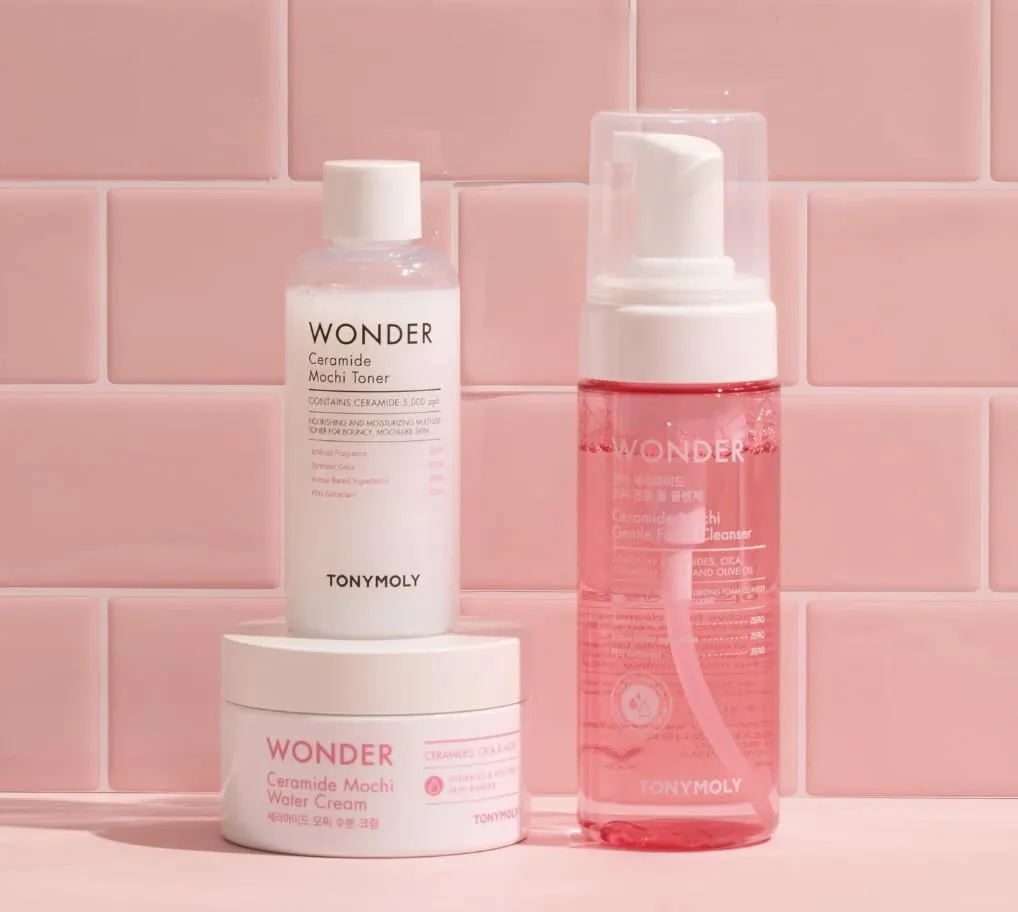 TONYMOLY Wonder Ceramide Mochi K-Beauty Skincare Set, 3-Piece Bundle with Bubble Cleanser, Milky Toner and Ceramide Moisturizer