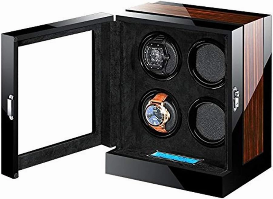 Touch Display Watch Winders Wood Piano Finish Soft Flexible Watch Pillows Automatic Watch Winder Box, 4 Winding Spaces with Built-in Illumination Watch Winder Display Watch Box