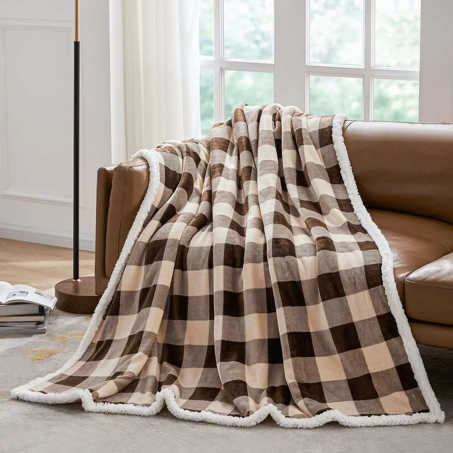 Touchat Sherpa Buffalo Plaid Christmas Twin Blanket 60" X 70", Fuzzy Fluffy Soft Cozy Throw Blanket, Fleece Flannel Plush Microfiber Blanket for Couch Bed Sofa(Brown)