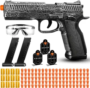 Toy Guns, Soft Bullet Toy Gun Semi-Automatic Toy Pistol with Ejecting Shells, Retro Gun Toy with 100 Bullets, Target Practice Team Outdoor Shooting Game, Gifts for Boys, Kids (Silver)