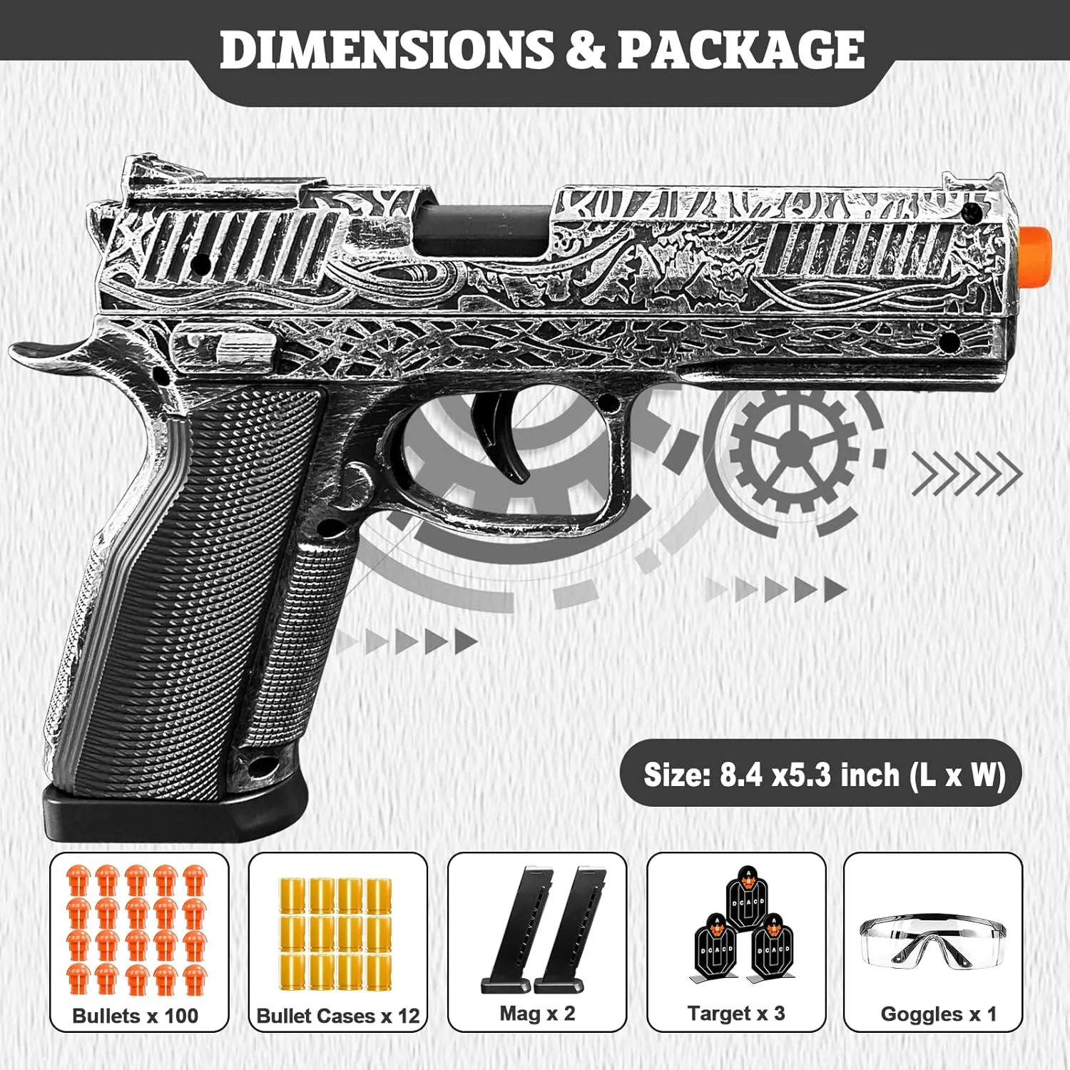 Toy Guns, Soft Bullet Toy Gun Semi-Automatic Toy Pistol with Ejecting Shells, Retro Gun Toy with 100 Bullets, Target Practice Team Outdoor Shooting Game, Gifts for Boys, Kids (Silver)