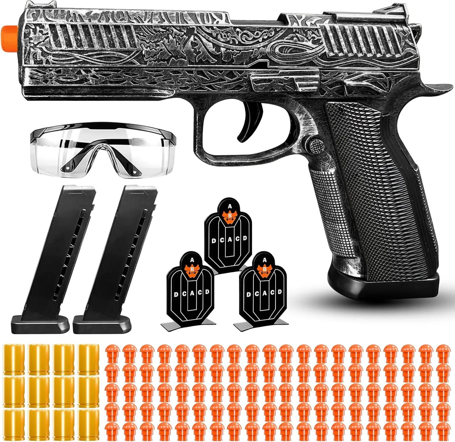 Toy Guns, Soft Bullet Toy Gun Semi-Automatic Toy Pistol with Ejecting Shells, Retro Gun Toy with 100 Bullets, Target Practice Team Outdoor Shooting Game, Gifts for Boys, Kids (Silver)
