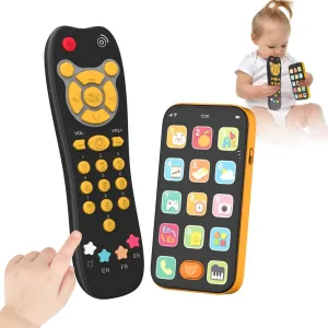 Toy Phone Baby Remote Control Toy Set, Play Phones TV Remote Control with Music Light for 6  Months, Early Learning Baby Toys Gift for 1 Year Old Boys Girls Toddler Infant Kid, English/Spanish, Orange