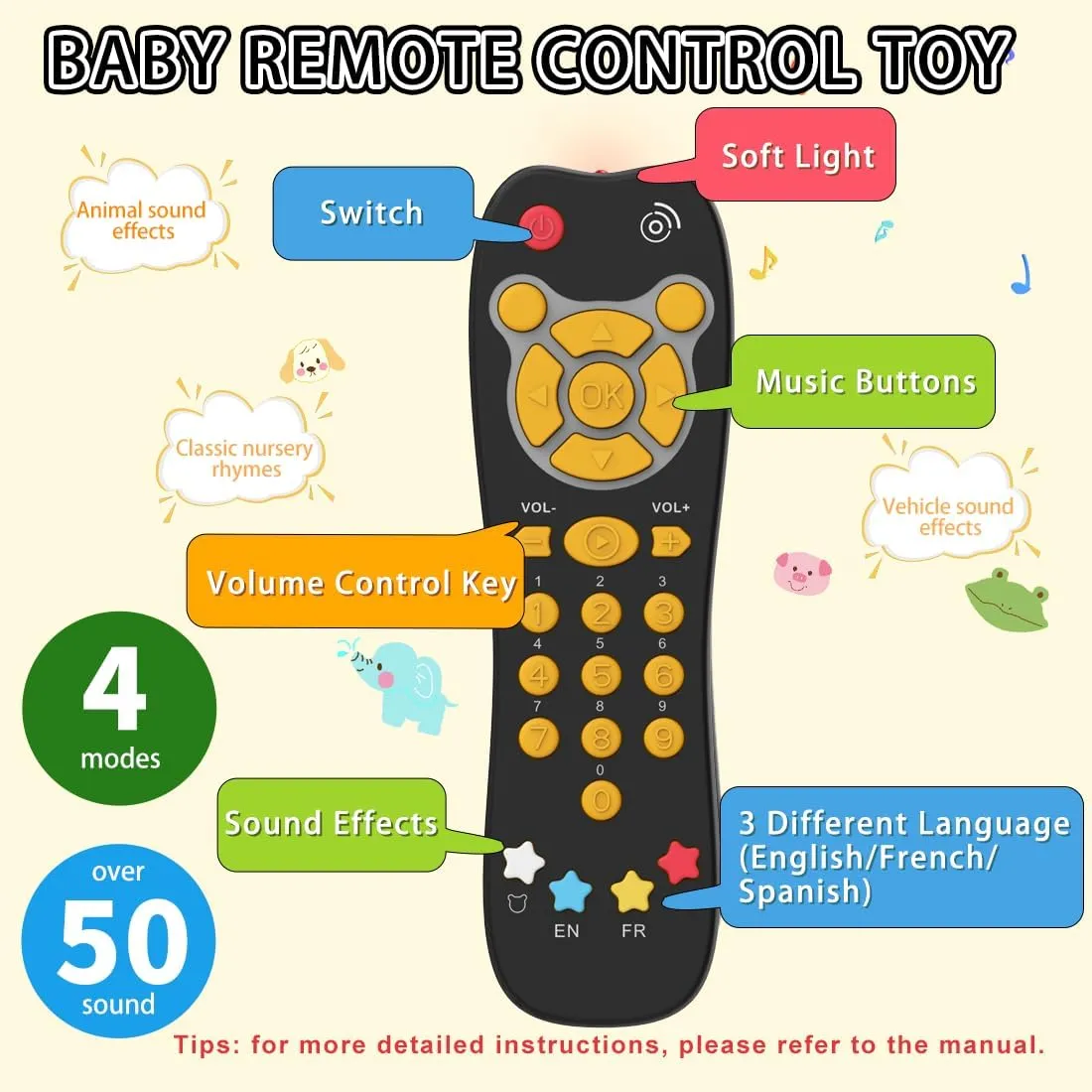 Toy Phone Baby Remote Control Toy Set, Play Phones TV Remote Control with Music Light for 6  Months, Early Learning Baby Toys Gift for 1 Year Old Boys Girls Toddler Infant Kid, English/Spanish, Orange