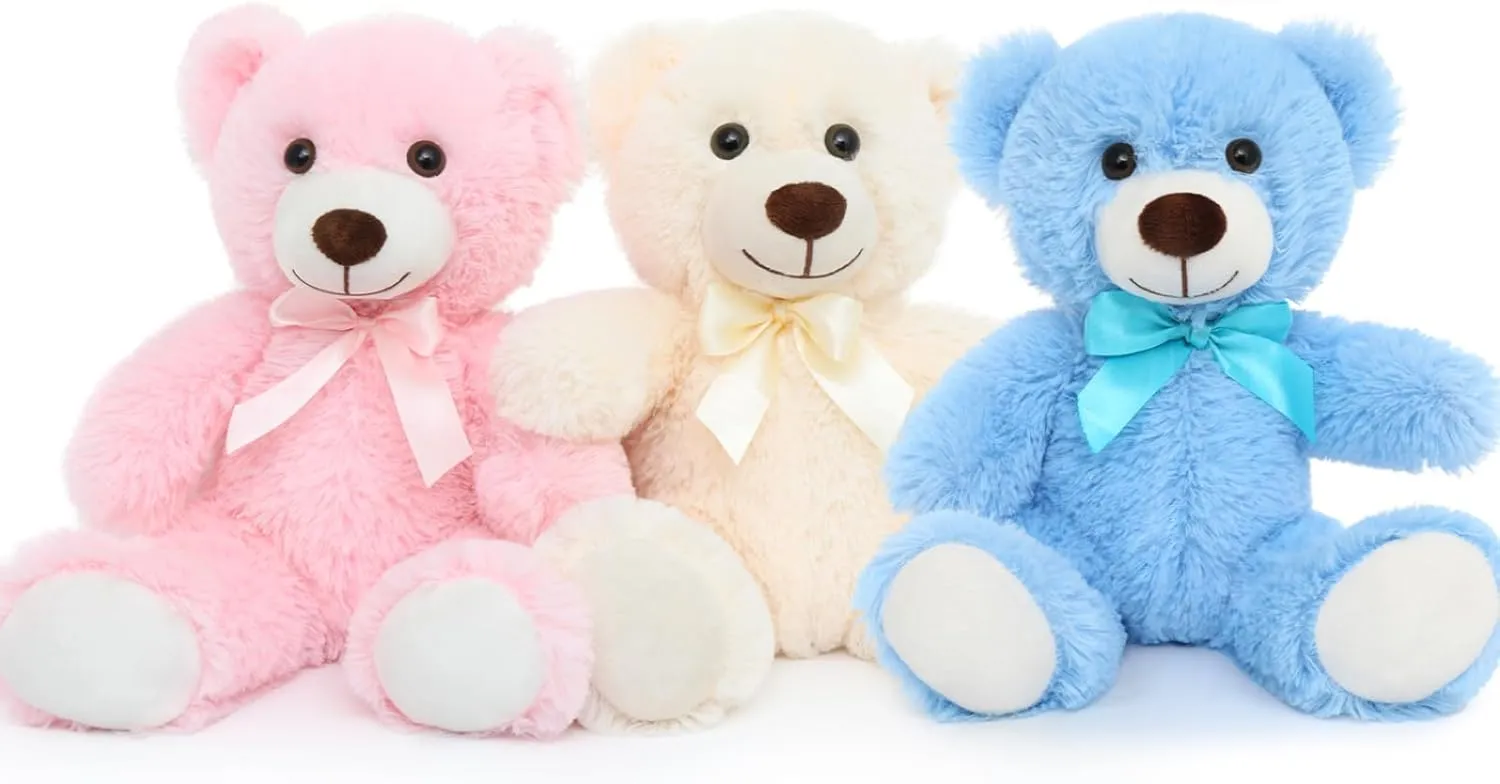 Toys Studio 3 Pack Teddy Bears in Bulk 14 inch Stuffed Animals Set for Kids Small Stuffed Teddy Bear for Wholesale, Baby Shower Gender Reveal Decorations Christmas (Machine Washable)