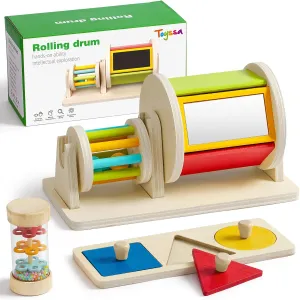 Toyssa Wooden Montessori Toys for Babies 6-12 months with Rainbow Color and Mirror Spinning Drum/Baby Shape puzzle 6-12 months/Sensory Toys Rain Rattle, Montessori Toys Gifts for Toddlers 1 Years Old