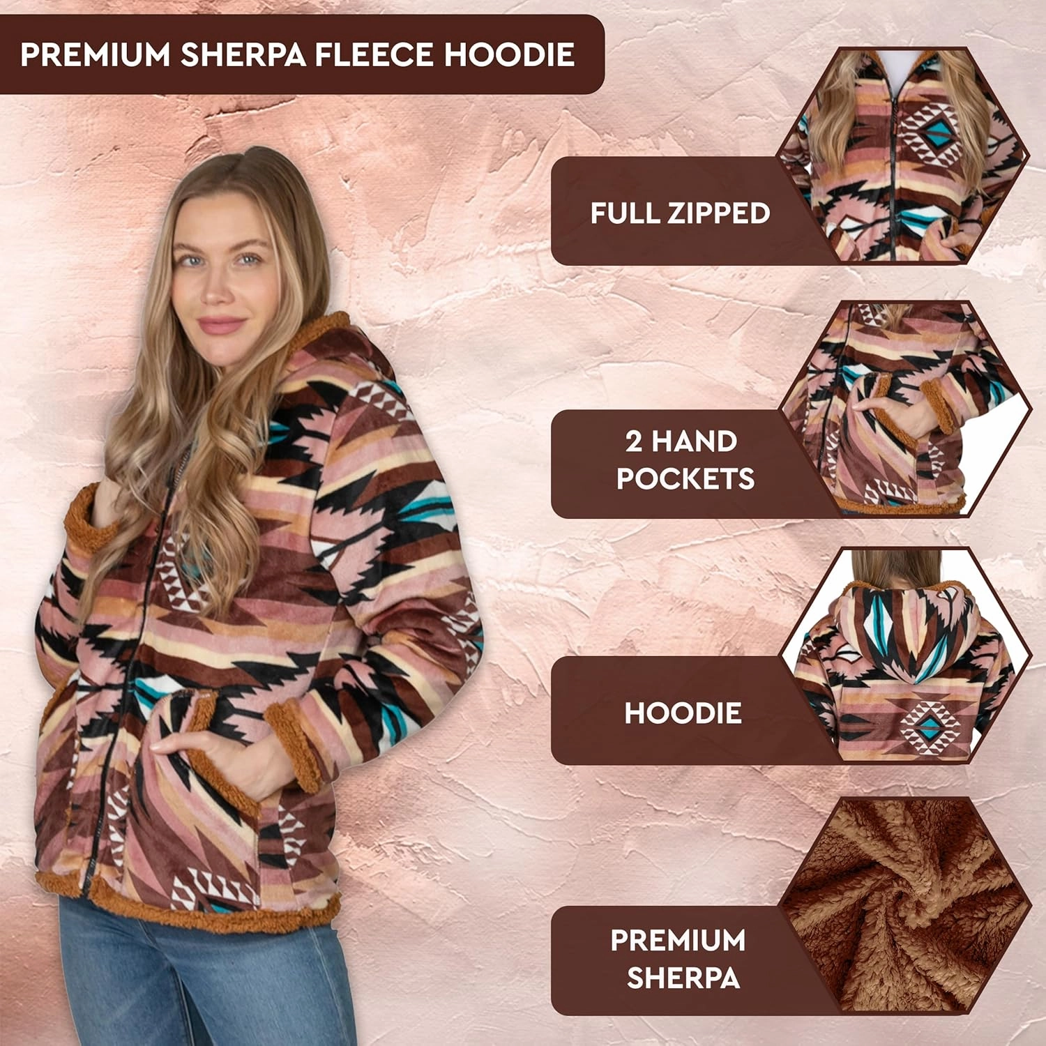 TrailCrest Ladies Smart Plush Sherpa Lined Hooded Sweater Jacket, Zip Up Classic
