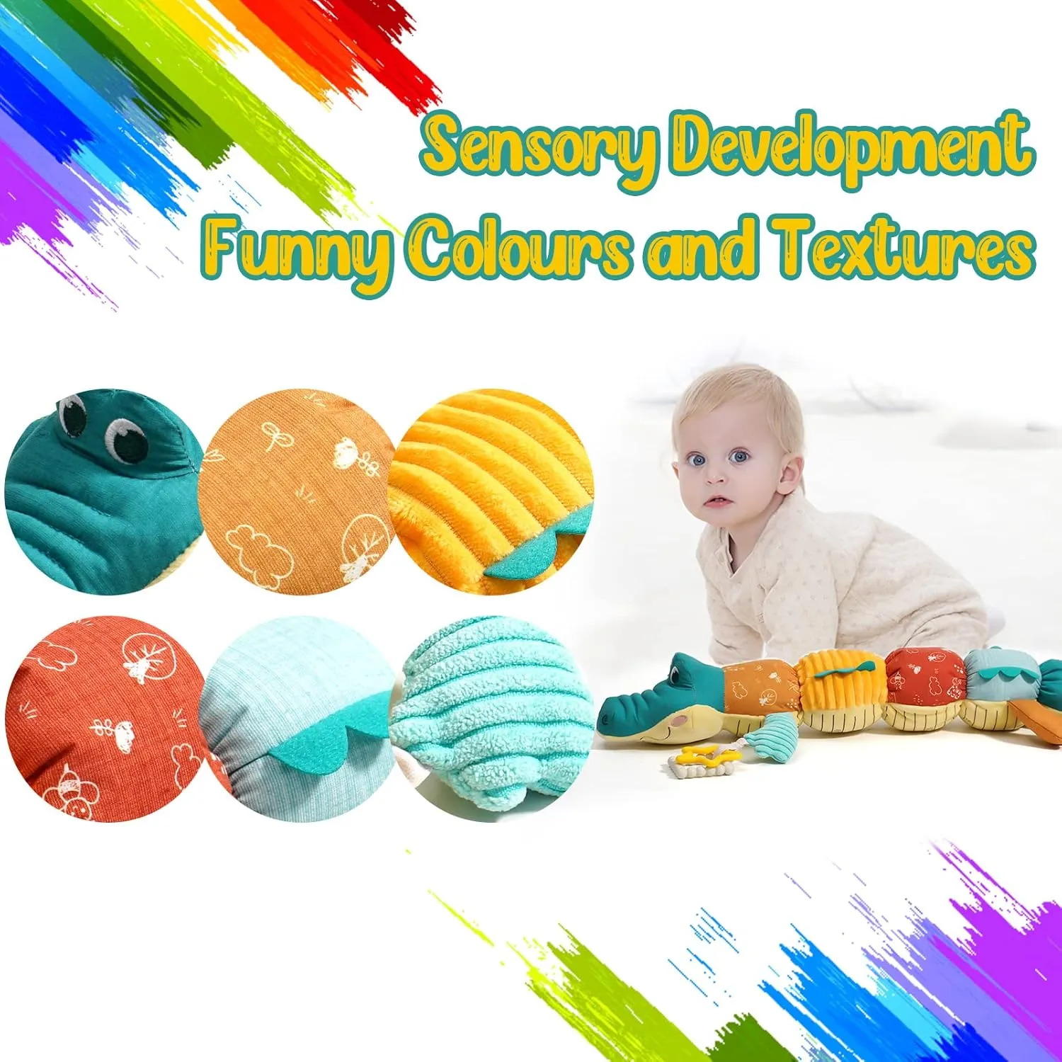 Tummy Time Toys 0-6 Months Baby Musical Stuffed Animal Infant Toys with Ruler Design, Rattle and Multi-Textures, 0-3-6-12 Months Newborn Toys for Babies, Alligator & Crocodile