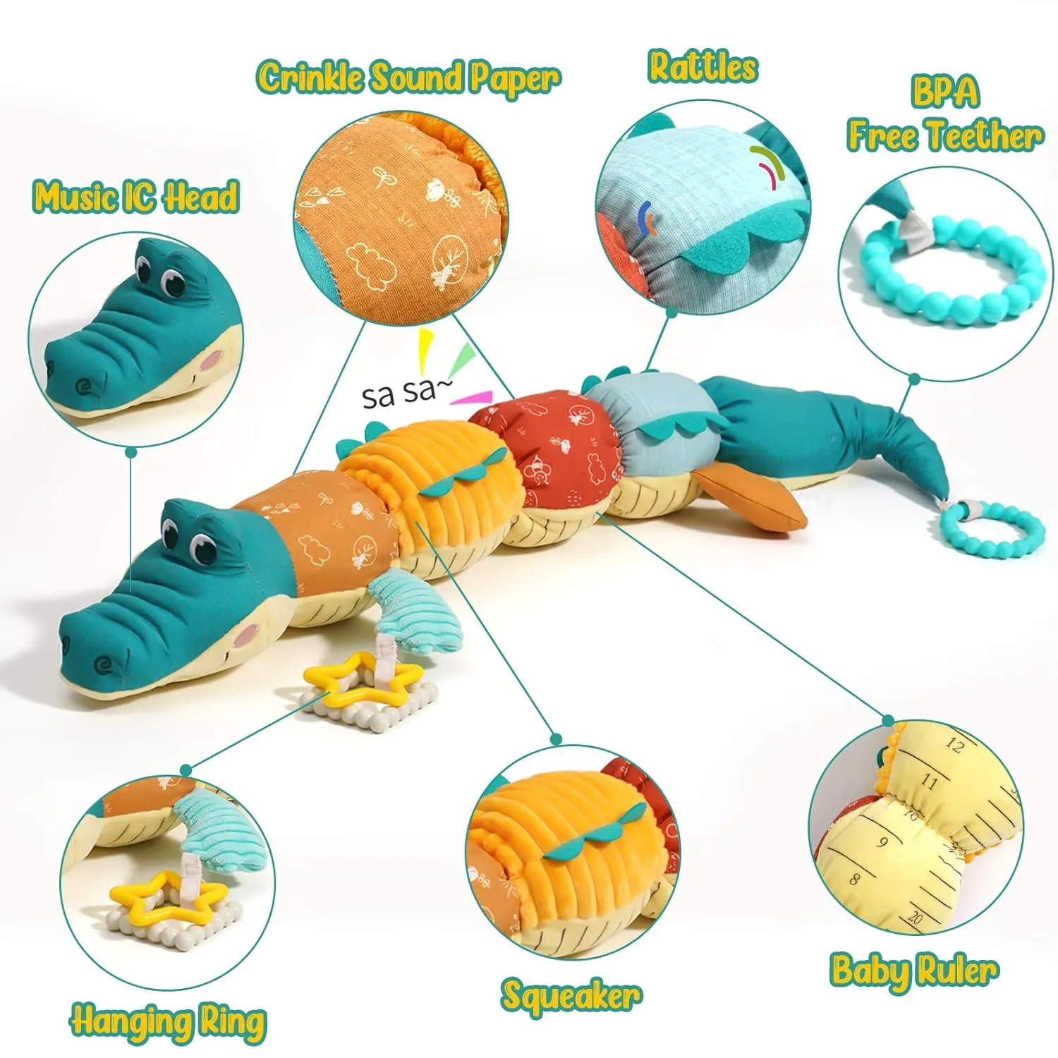 Tummy Time Toys 0-6 Months Baby Musical Stuffed Animal Infant Toys with Ruler Design, Rattle and Multi-Textures, 0-3-6-12 Months Newborn Toys for Babies, Alligator & Crocodile