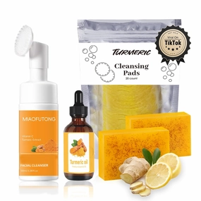 Turmeric Wash and Care 4 Piece Set – Turmeric Face Wash with Brush, Exfoliating Facial Pads, Cleansing Soap Bars & Turmeric Oil – Jabon de Curcuma, Natural Skincare for Face & Body