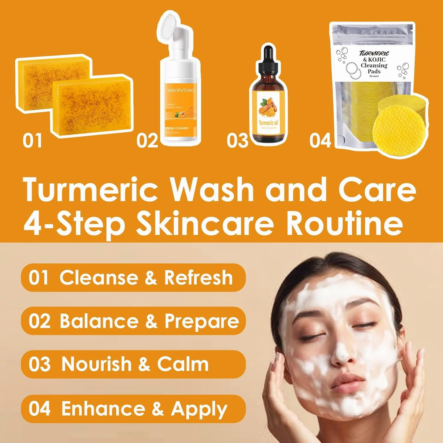 Turmeric Wash and Care 4 Piece Set – Turmeric Face Wash with Brush, Exfoliating Facial Pads, Cleansing Soap Bars & Turmeric Oil – Jabon de Curcuma, Natural Skincare for Face & Body