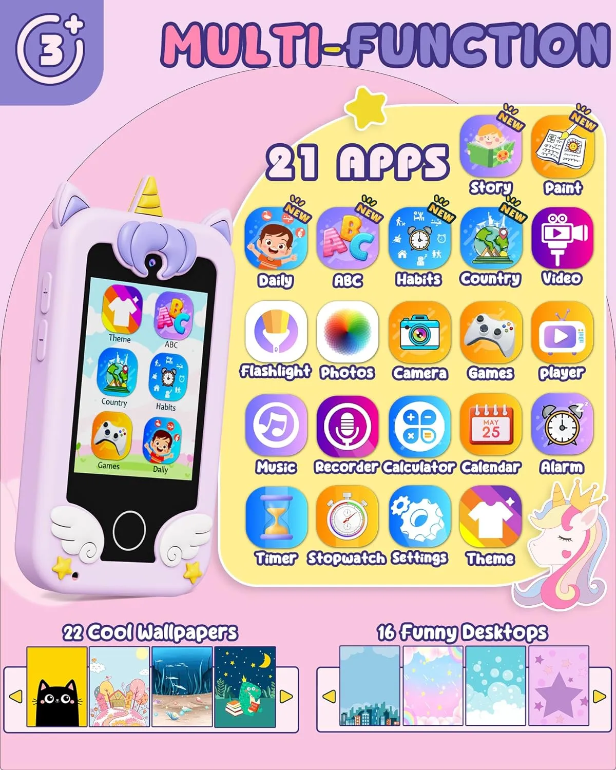 UCIDCI Kids Smart Phone for Girls Ages 3-7 with Dual Camera - Learning Games, Travel Toy with MP3 Music Player for Christmas, Birthday Gifts for 3-7 Year Old Boys