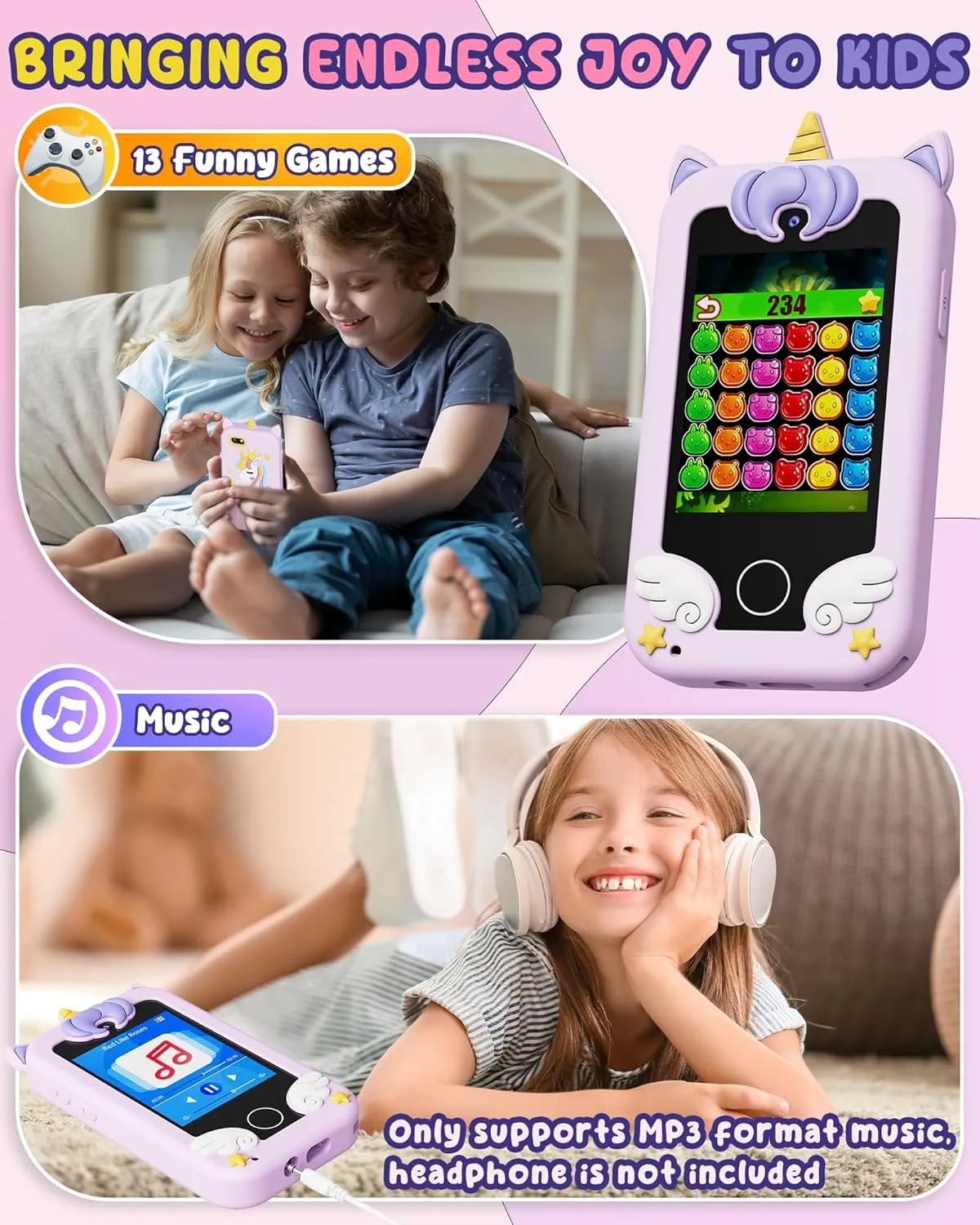 UCIDCI Kids Smart Phone for Girls Ages 3-7 with Dual Camera - Learning Games, Travel Toy with MP3 Music Player for Christmas, Birthday Gifts for 3-7 Year Old Boys