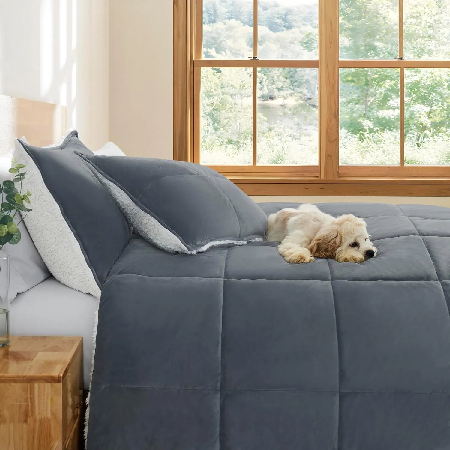 UGG Blissful Full/Queen Comforter Set with 2 Pillow Shams Reversible White Comforter Plush Fluffy Warm Bed Set Premium Hypoallergenic Down Alternative Bedding Breathable, Full/Queen, Blue Imperial