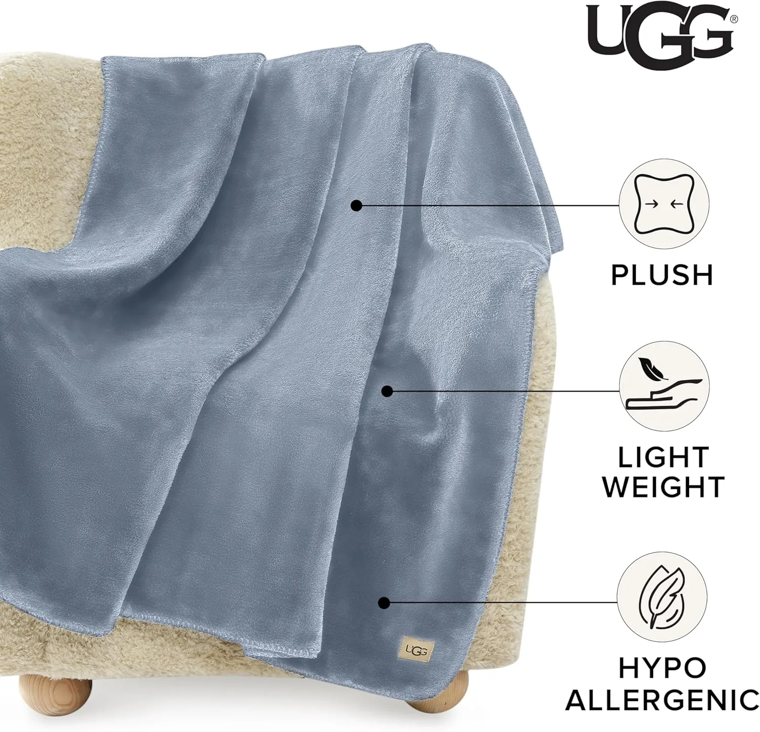 UGG Whitecap Plush Throw Blanket Fleece Lightweight Soft Cozy Throw for Couch or Bed Luxury Home Decor for Living Room Machine Washable Hypoallergenic Flannel Blankets, 50-inch x 70-inch, Denim Blue